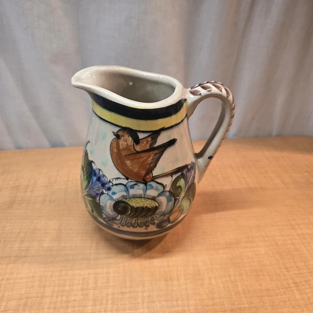 Vintage Tonala Mexican Pottery Pitcher Floral Birds Hand-Painted 6.5